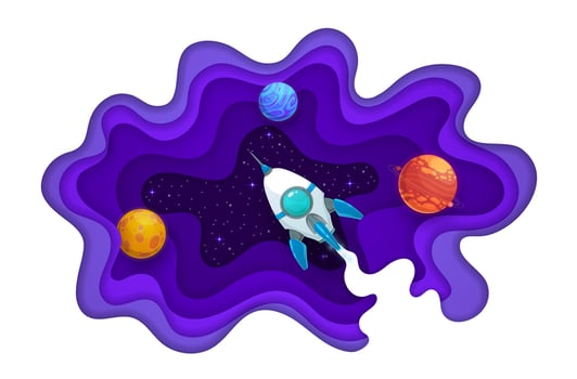 Space paper cut, rocket, planets and starry galaxy vector