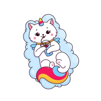 Cartoon caticorn character with juice or cocktail vector