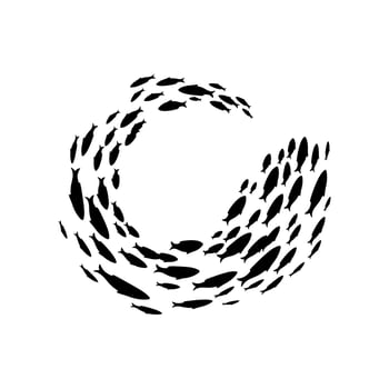 Shoal and fish school silhouettes, circle frame vector