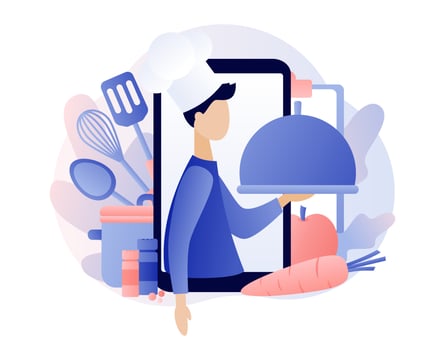 Food blogging. Recipes online. Professional chef holding dish. Modern flat cartoon style. Vector illustration on white background