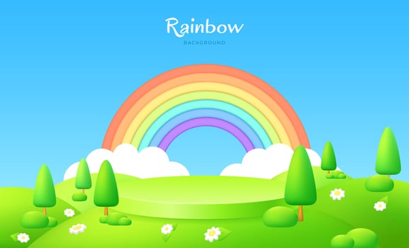 Green Meadow Landscape with Pedestal Stand  Modern 3D Vector Illustration for Summer Banner, Product Presentation or Website Design. Cartoon Rainbow with Clouds in the Blue Sky.