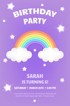 Happy Birthday Night Sky 3D Vector Illustration Colorful Rainbow and Stars on Purple Background with Clouds for Kids Birthday Party Invitation Template