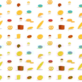 Bakery seamless pattern with bread, baguette, croissant, cookie and donuts vector