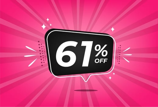 61 percent discount. Pink banner with floating balloon for promotions and offers. vector