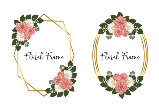 Floral Frame Dahlia Flower Design Template, Digital watercolor hand drawn vector