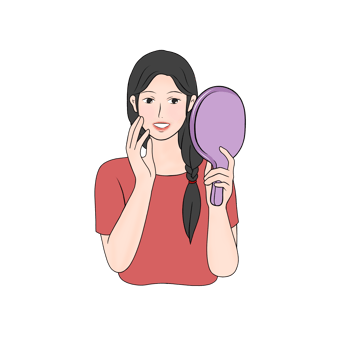 smiling woman looking at mirror reflection png