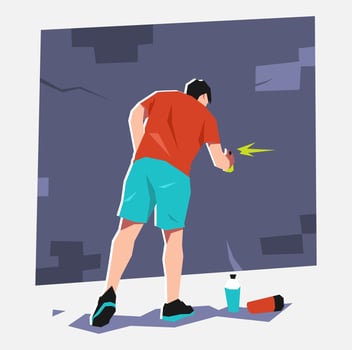 graffiti artist, mural painter paint on brick wall with spray paint. creative occupation. back view. flat vector illustration.
