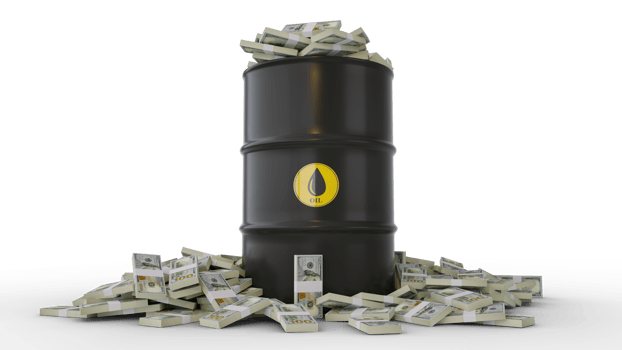 Stacks of US dollar notes inside black Oil Barrel isolated on transparent background. 3d rendering png