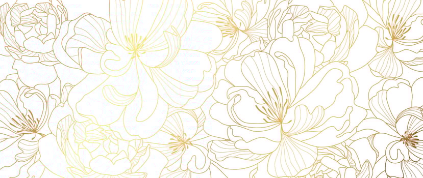 Luxury gold wildflower line art background vector. Natural botanical elegant flower with gold line art. Design illustration for decoration, wall decor, wallpaper, cover, banner, poster, card. vector