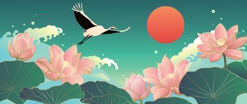 Luxury oriental flower background vector. Elegant pink lotus flowers golden line art with sea wave line pattern and crane bird.  Chinese and Japanese design for wallpaper, poster, banner, card. vector