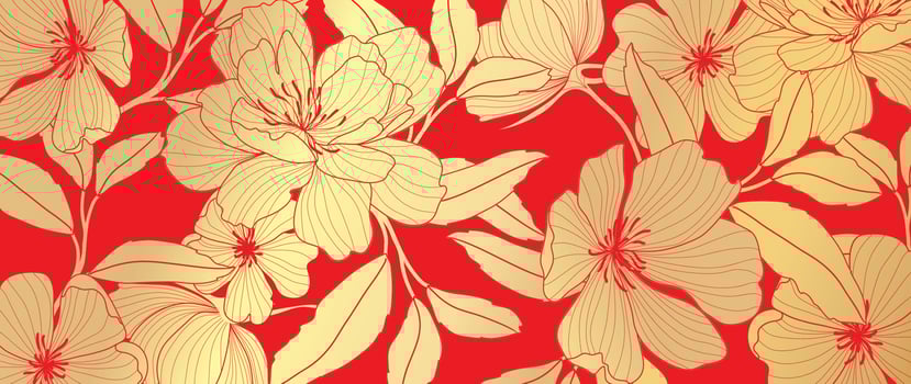 Luxury oriental flower background vector. Elegant wildflowers and leaves golden line art on red background. Floral pattern design illustration for decoration, wallpaper, poster, banner, card. vector