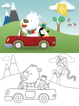 Vector illustration of funny polar bear on car with little penguin while playing kite on scene background. Coloring book or page