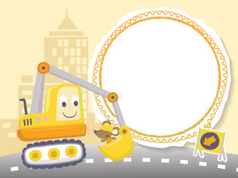 Vector cartoon of construction elements, round banner with funny excavator and mouse on buildings background