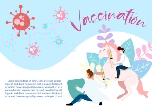 Doctor in cartoon character be a knight and holding vaccine's syringe to fighting virus on decoration plants and Vaccination wording, example texts and blue background. vector
