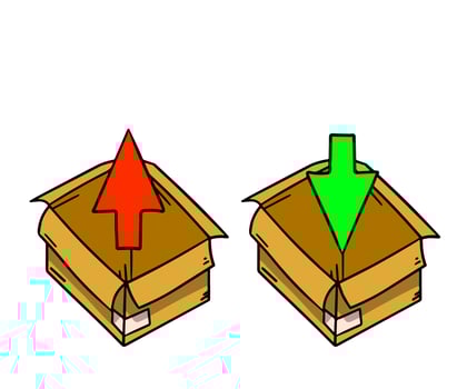 Open box. Set of cardboard containers. An empty package. Parcel and mail. Red and green arrow for packing and unpacking. Scheme of action. vector