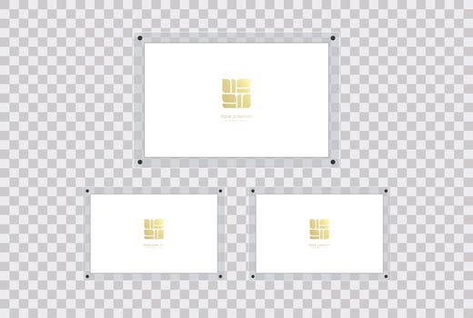 Three Acrylic frames mockup in glass plate, used for poster, stickers, wall art, print style of photo, realistic mockup isolated hanging on transparent wall vector