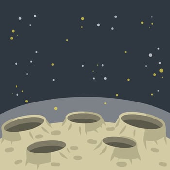 Moon. Lunar surface with craters and dust. Science and extraterrestrial landscape. Stars and space flight. Space planet orbiting the earth. Flat cartoon illustration vector