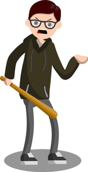 Man with baseball ba extorting money. Hand holding green cash. Problem of urban security. Thief at work. Extortion and robbery. vector