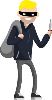 Man with knife extorting money. Problem of urban security. Thief at work. Extortion and robbery. Hand holding sack with cash vector