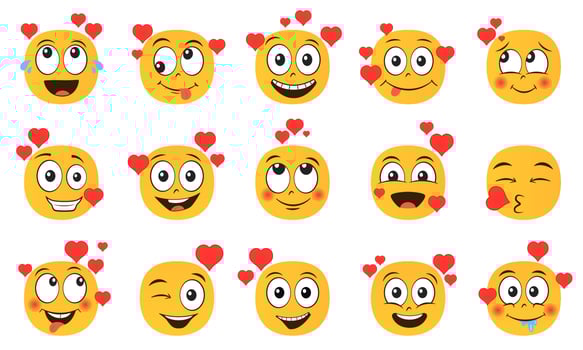 Emoticons in love set. Collection of yellow cartoon emoji with hearts isolated on white background. Vector illustration