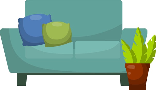Blue sofa with pillows. Soft furniture. Modern interior. Living room. Place to rest. Cartoon flat illustration. Pot with flower vector