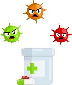 Pills and virus. Antimicrobial agent. Drug packaging and protection against bacteria. Element pharmacy and hospital. vector