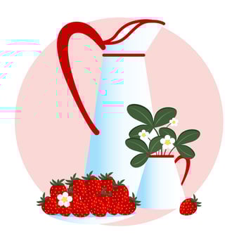 Strawberry still life style vector illustration. Strawberries on a plate, a big vintage jug and a jug with blossoms and leaves.