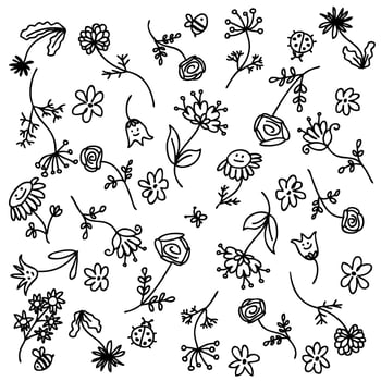 Doodle summer flowers monochrome pattern. Perfect print for tee, poster, card. vector