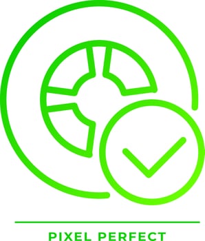 Vehicle tire safety pixel perfect gradient linear vector icon. Wheel with checkmark. Transport quality control. Thin line color symbol. Modern style pictogram. Vector isolated outline drawing