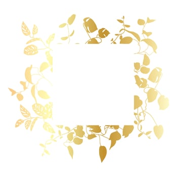 Trendy gold tropical leaves of different creepers with square of white sheet. Card with exotic leaves frame of lians. vector