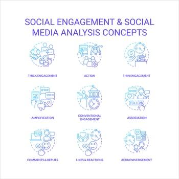 Social engagement blue gradient concept icons set. Social media analysis. Digital marketing. Involvement idea thin line color illustrations. Isolated symbols vector