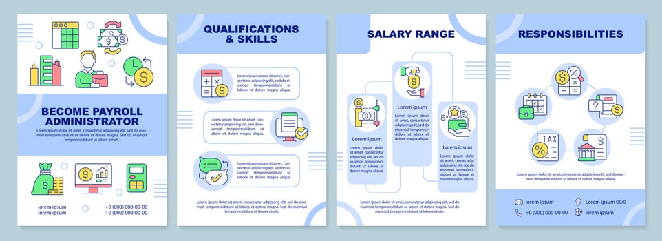 Become payroll administrator blue brochure template. Leaflet design with linear icons. Editable 4 vector layouts for presentation, annual reports