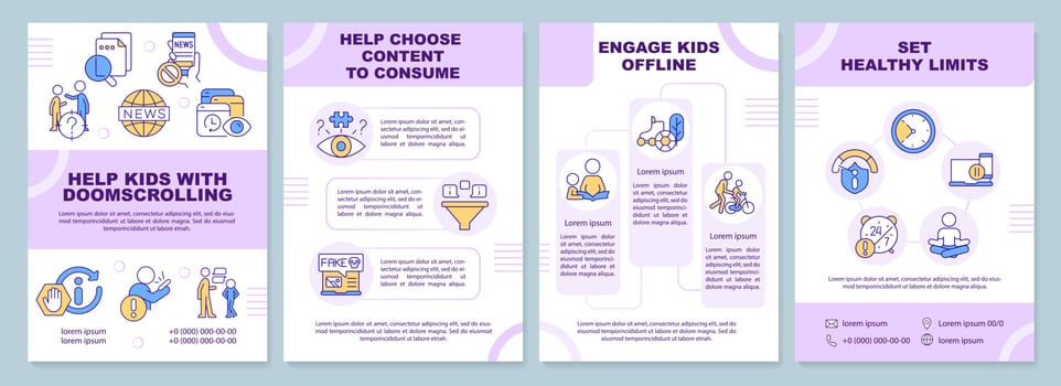 Stop doomscrolling tips for parents brochure template. Leaflet design with linear icons. Editable 4 vector layouts for presentation, annual reports
