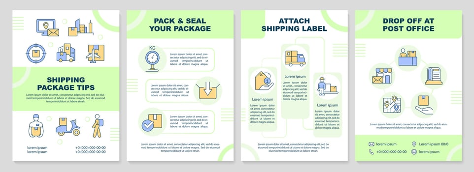 Shipping package tips light green brochure template. Leaflet design with linear icons. Editable 4 vector layouts for presentation, annual reports