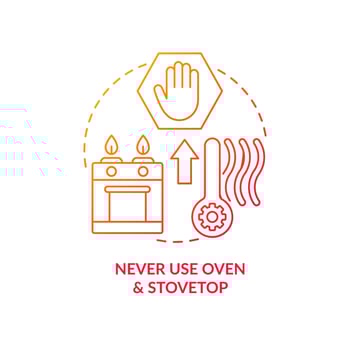Never use oven to warm house red gradient concept icon. Safety during heating season. Fire risk abstract idea thin line illustration. Isolated outline drawing vector