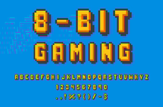 8 bit pixel font type and game typeface alphabet vector