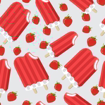 Frozen strawberry double ice cream icons vector illustration with strawberries. Seamless pattern. Gray background.