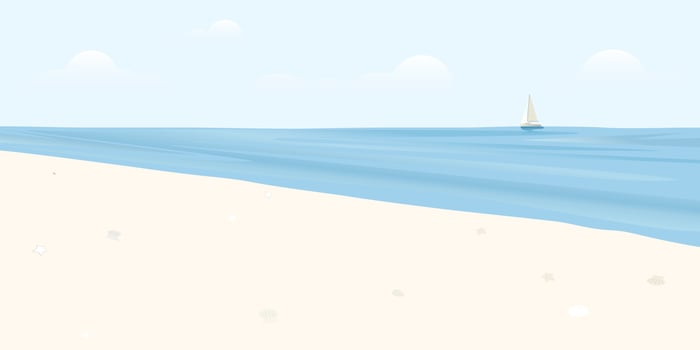 Tropical beach with blue sea and clear sky have yacth and at skyline vector illustration. Seascape and blue sky flat design background.
