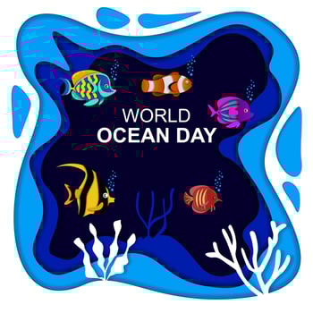 Paper art world ocean day fith salt fish vector banner. Underwater world page layout
