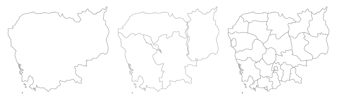 Cambodia map set with a white-black outline, regions map, and administration map of Cambodia png