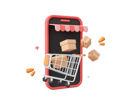 3d cartoon design illustration of Smartphone with shopping cart and parcel box, Shopping online on mobile concept. png