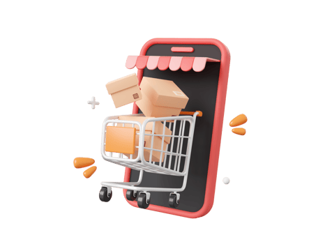 3d cartoon design illustration of Smartphone with shopping cart and parcel box, Shopping online on mobile concept. png