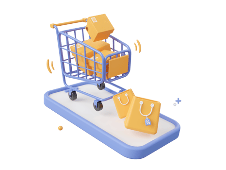 3d cartoon design illustration of Smartphone with shopping cart and parcel box, Shopping bag with discount tag, Shopping online on mobile concept. png