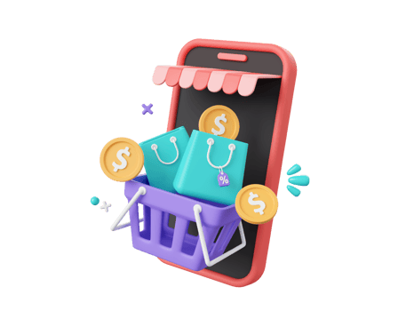 3d cartoon design illustration of Shop smartphone and shopping cart, shopping bags with discount tag, Shopping online on mobile concept. png