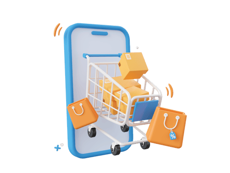 3d cartoon design illustration of Smartphone and Parcel box with Shopping bags, Shopping online on mobile concept. png