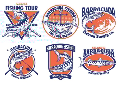 set of barracuda fishing badge design vector