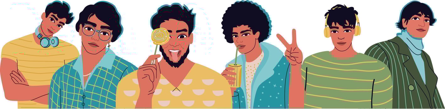 Diverse group male portraits. Boys avatar set. Men solidarity concept. vector