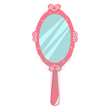 Hand mirror with hearts from princess. Pink vintage accessory for a little girl. Toy isolated on white background. Vector illustration