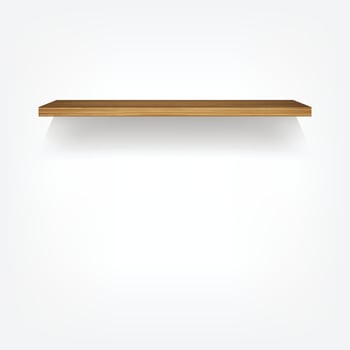 Empty wood shelf on white background with soft shadow. 3D empty wooden shelves on white wall. Vector illustration.