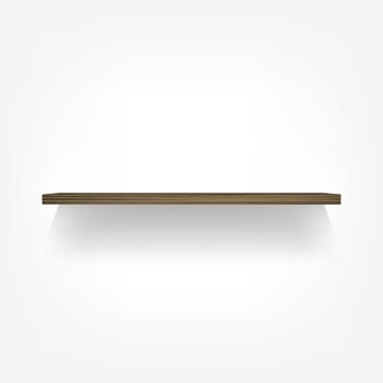 Empty wood shelf on white background with soft shadow. 3D empty wooden shelves on white wall. Vector illustration.